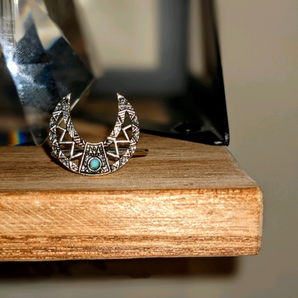 Crescent Moon Boho Ring with turquoise accent